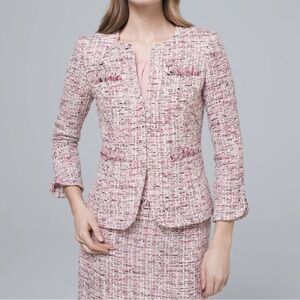 White House Black Market Pink Boucle Tweed Blazer Fringe Jacket